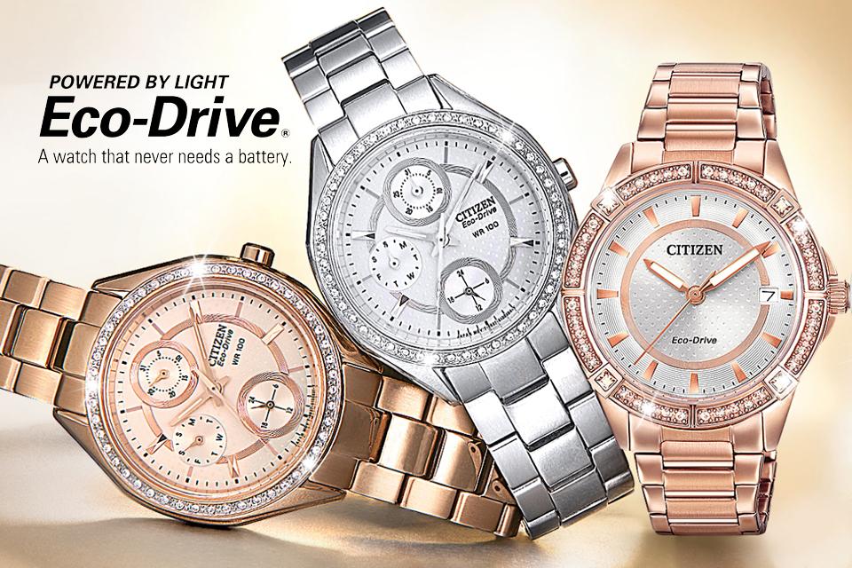 Image shows 4 Citizen ladies Crystal watches superimposed on a rose gold background. 