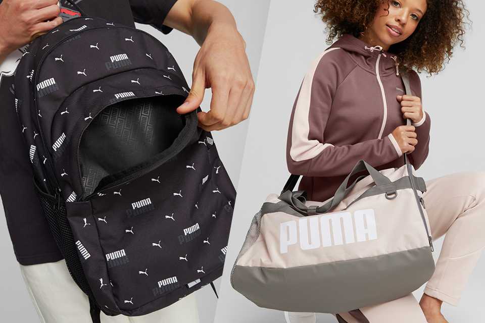 A split image of a black backpack on one side and a cream holdall on the other.