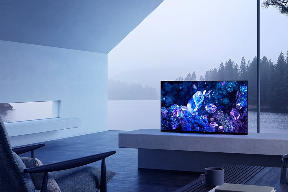 A Sony A90K TV placed in a modern contemporary house.
