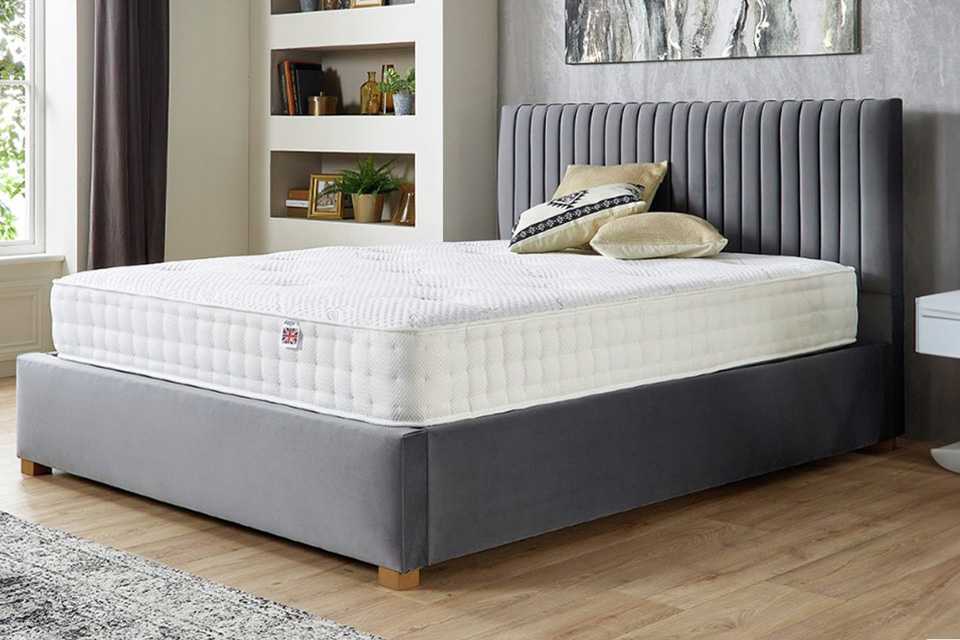 Aspire Cashmere 1000 Pocket Spring Mattress on a grey upholstered bed frame.