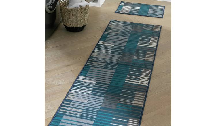 Habitat Washable Blue & Grey Runner & Mat set - 180x57cm