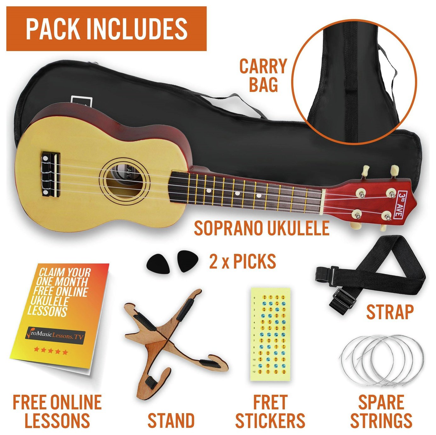 Donner Ukulélé Soprano 21 Pouces En Acajou – Kit Complet Débutant Avec Housse, Accordeur, Sangle, Médiators & Leçons En Ligne