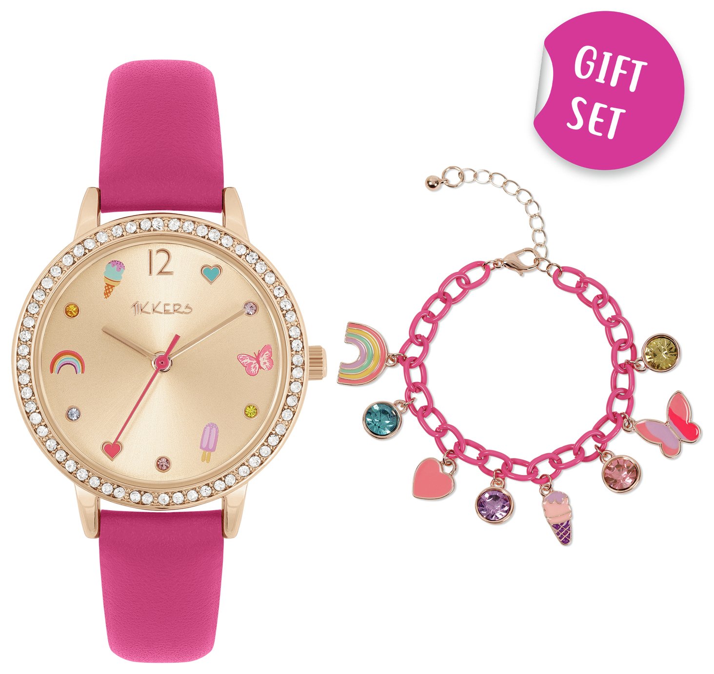 Tikkers Pink Strap Watch and Charm Bracelet Set