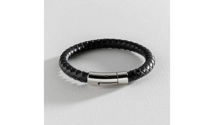 Revere Men's Black Leather Stainless Steel Braided Bracelet