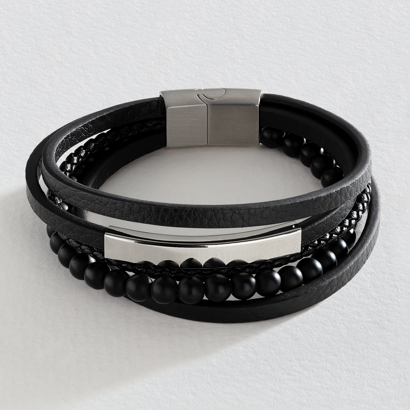 Revere Men's Black Leather Stainless Steel Layered Bracelet