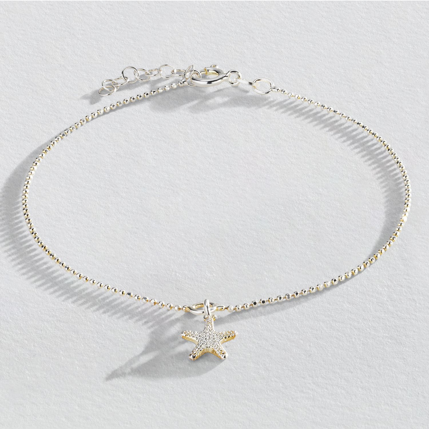 Revere Sterling Silver Beaded Chain Sea Star Charm Anklet 23cm