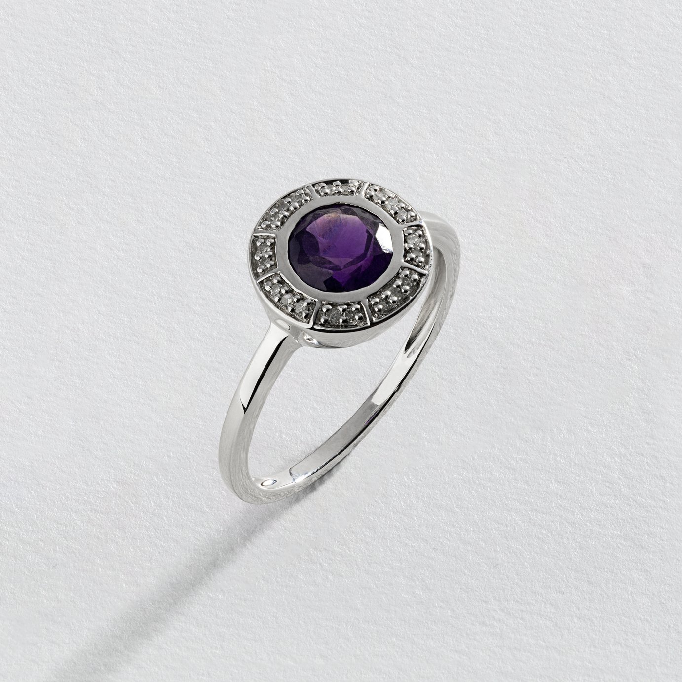 Revere 9ct White Gold Amethyst 0.05ct Diamond Ring - L