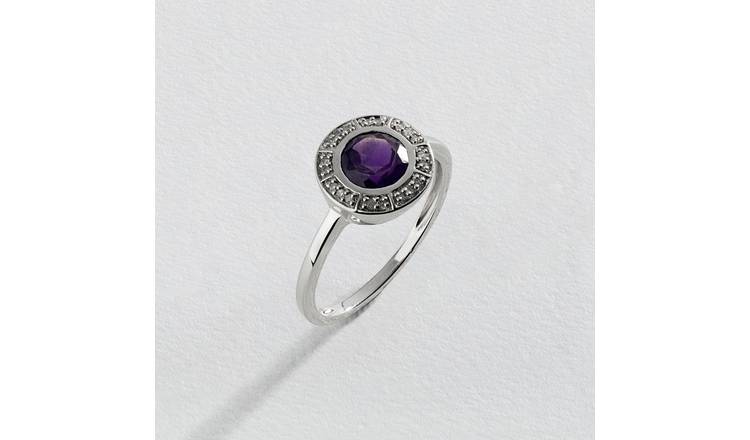 Revere 9ct White Gold Amethyst 0.05ct Diamond Ring - K