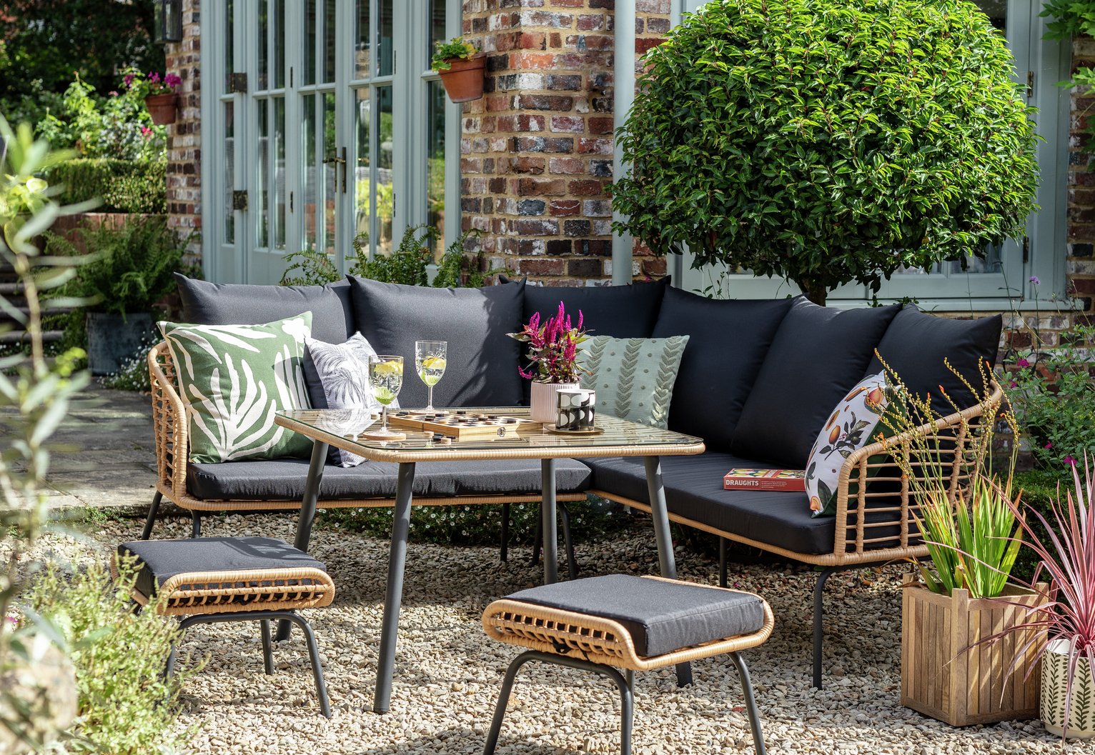 Habitat 7 Seater Rattan Effect Garden Corner Sofa Set Black (1975165