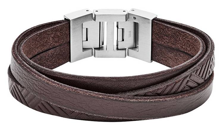 Fossil Men's Brown Textured Leather Wrist Wrap Bracelet