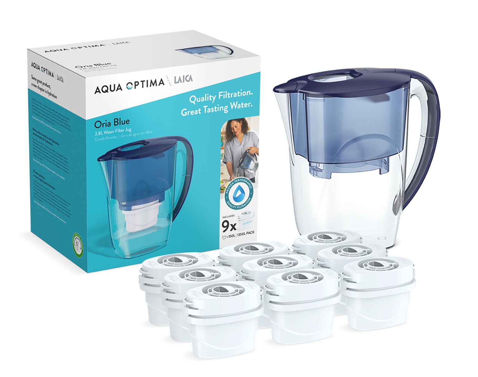 Aqua Optima Oria Water Filter Jug with 9 Filter Cartridges