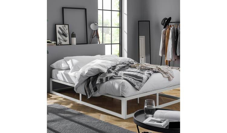 White metal platform bed store frame full