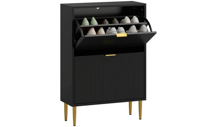 HOMCOM Fluted Shoe Cabinet with 2 Flip Drawers- Black