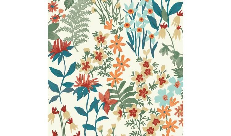 Grandeco Ditsy Floral Agnala Textured Wallpaper - Green Teal Orange