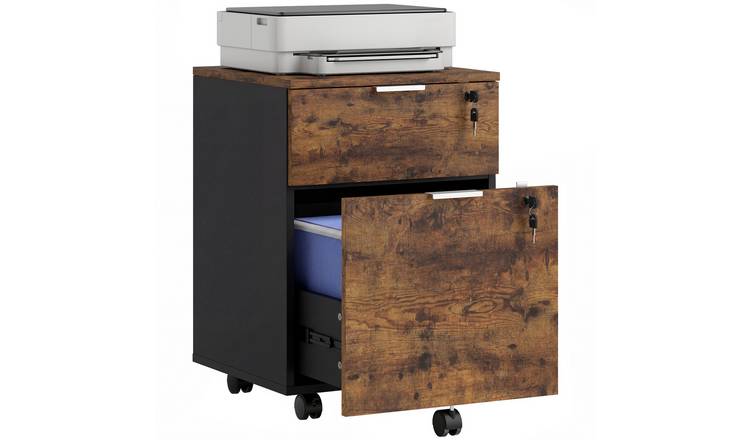 HOMCOM 2 Drawer Adjustable Filing Cabinet with Wheels and Lock - Rustic Brown