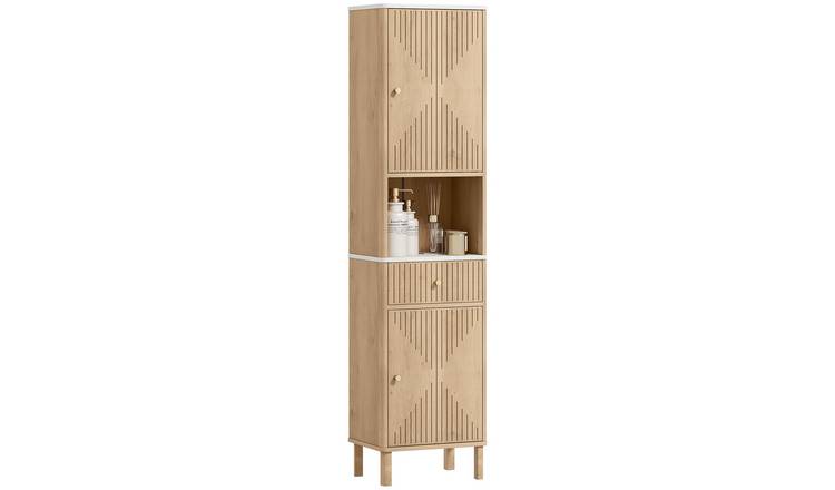 HOMCOM Tall Bathroom Cabinet with Silent-Glide Drawer and 2 Cupboards - Oak