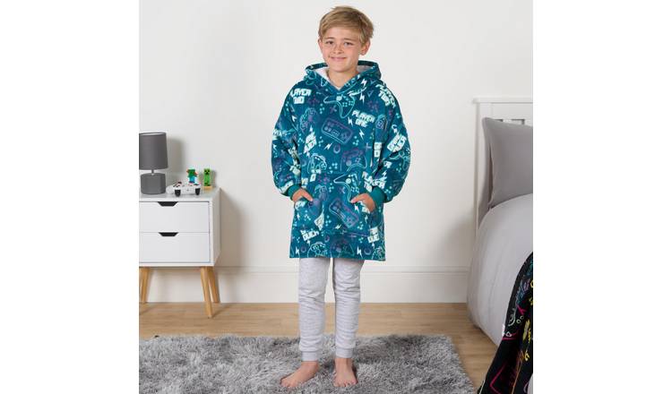 OHS Kids Gaming Print Hoodie Blanket - One Size - Teal