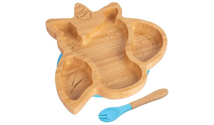 Tiny Dining Bamboo Unicorn Baby Weaning Plate & Fork Set - Blue