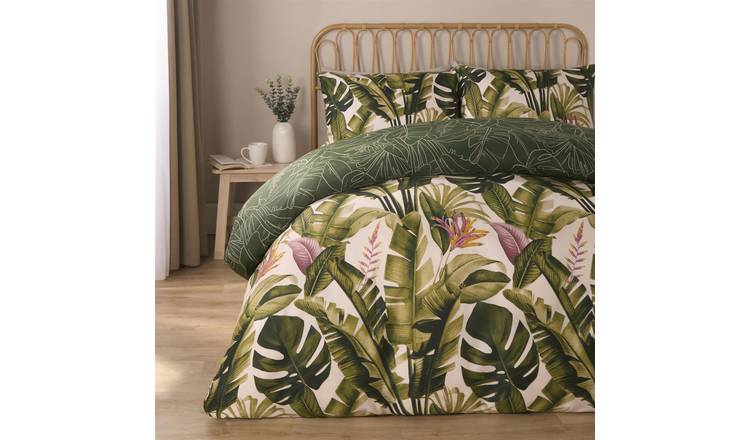 OHS Tropical Duvet Cover Set Leaves Reversible Soft Bedding Green - Super King