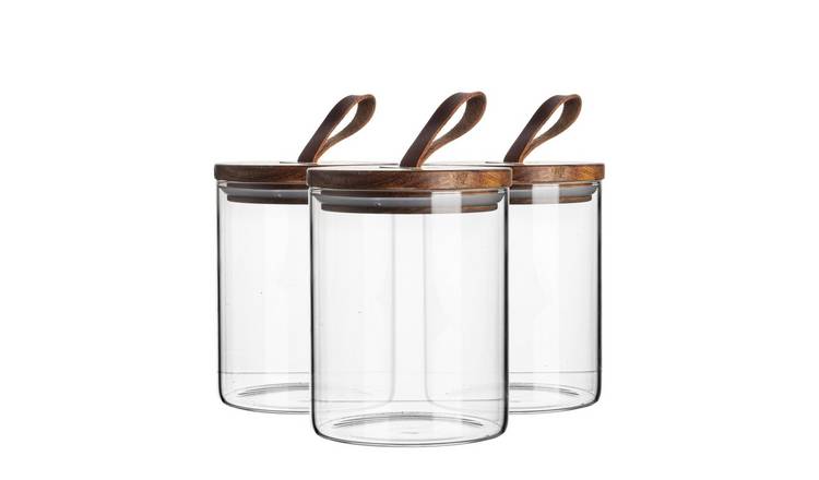Argon Tableware Scandi Storage Jar with Leather Loop Lid - Pack of 3