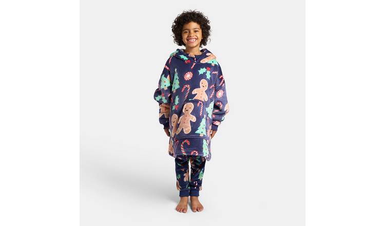 OHS Kids Gingerbread Man Print Hoodie Blanket - One Size - Navy