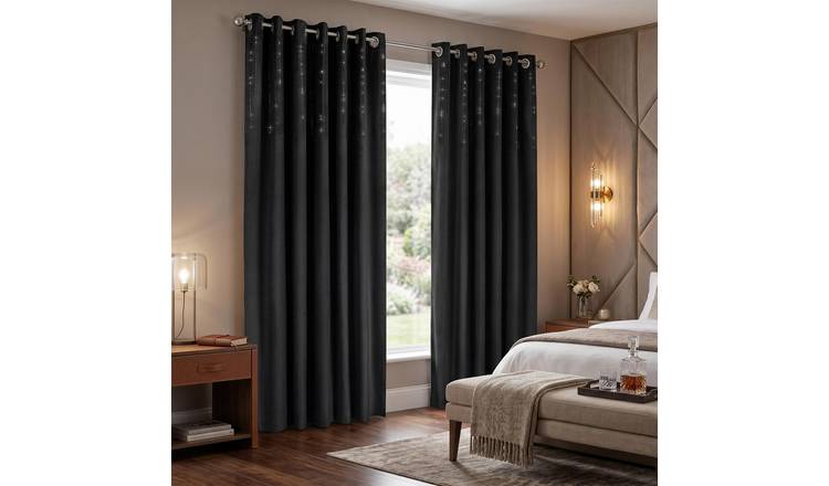 Luxury Living Blackout Velvet Diamante Eyelet Curtains 168cm x 229cm - Black
