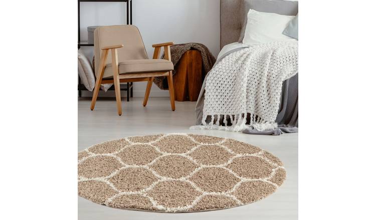 The Rugs Beige Moroccan Shaggy Trellis Round Rug - 120cm
