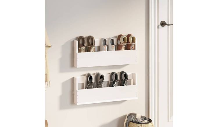 Walplus Pack of 2 Solid Wood Shoe Rack - White - 59 x 9 x 23 cm
