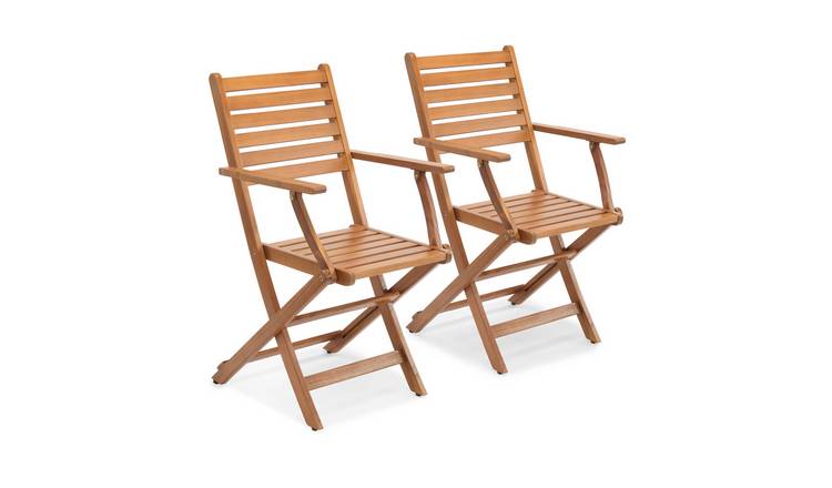 Vonhaus Cannes Set of 2 Acacia Wood Folding Arm Chairs - Brown