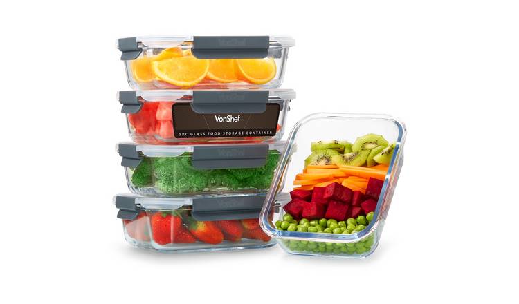 VonShef 5pc 1L Airtight Glass Lidded Meal Prep Food Containers - Clear