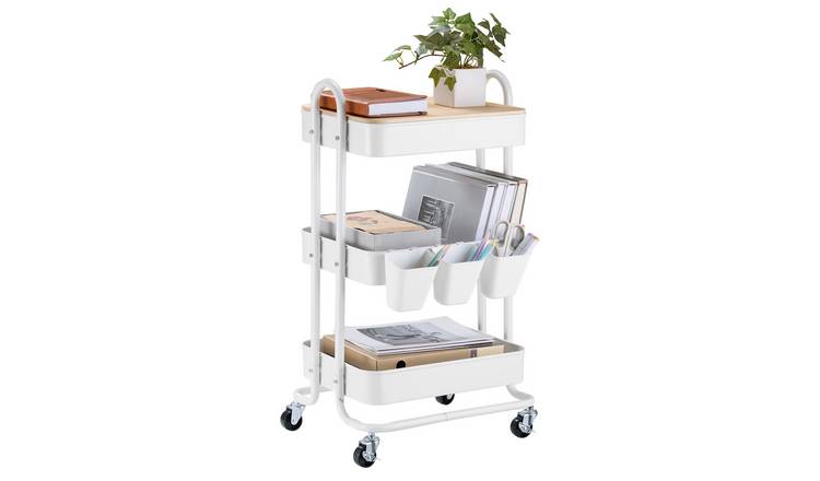 Vonhaus 3 Tier Steel & Bamboo Storage Trolley - White