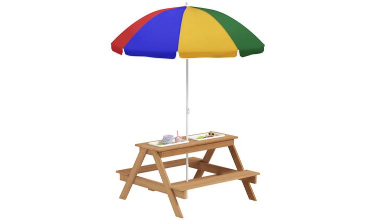 AIYAPLAY Wooden Benches Adjustable Parasol Kids Sand Water Table - Multicolour