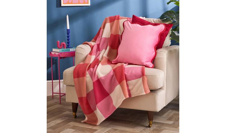 OHS Gingham Polar Fleece Blanket Throw 120 x 150cm - Pink/Orange