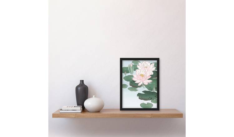 Ohara Koson Water Lily Pads Pink Flower Bloom Framed Art Print - A4