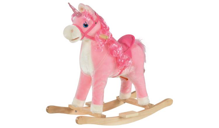 HOMCOM Plush Unicorn Sound Moving Mouth Wagging Tail Kids Rocking Horse - Pink