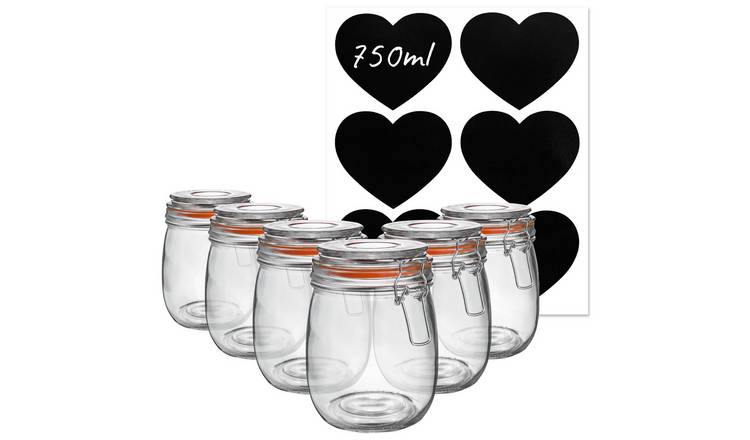 Argon Tableware Glass Storage Jars with Heart Labels - Pack of 6 - 750ml