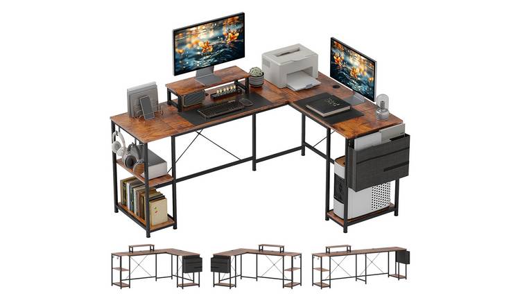 HOMCOM Reversible L Shaped Desk with Adjustable Shelf - Rustic Brown