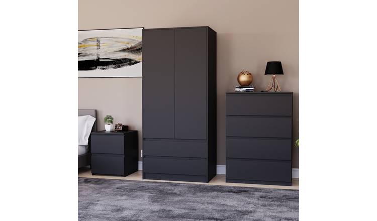 Vida Designs Denver Bedroom Set (Bedside, 4 Drawer Chest, 2x2 Wardrobe) - Black