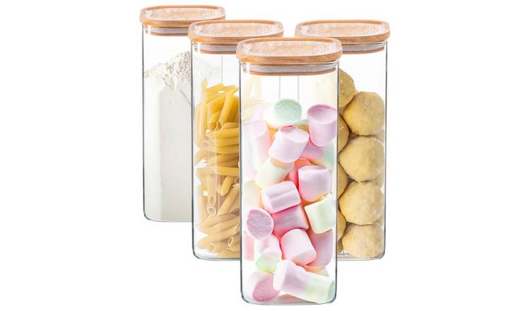 Argon Tableware Square Glass Storage Jars with Wooden Lids - Pack of 4