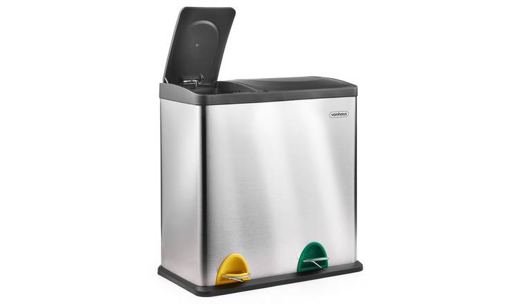 VonHaus 36L 2 Compartment Stainless Steel Waste & Recycling Bin - Silver & Black