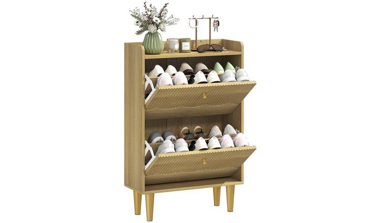 HOMCOM 2 Flip Drawers Narrow Shoe Cabinet with Top Shelf - Oak