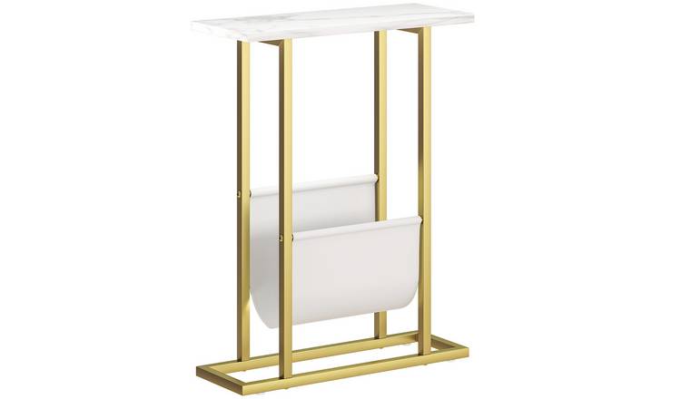 HOMCOM Slim Side Table with Magazine Holder - White Marble Effect