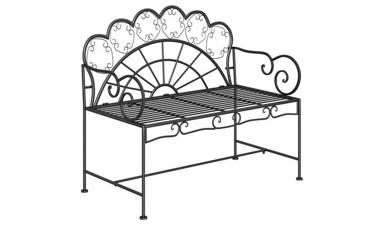 Outsunny 2 Seater Metal Garden Bench with Slatted Seat - Black