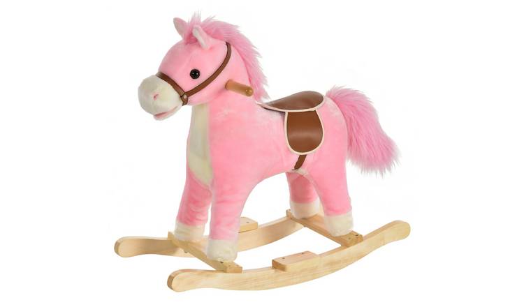 HOMCOM Plush Sound Moving Mouth Wagging Tail Kids Rocking Horse - Pink