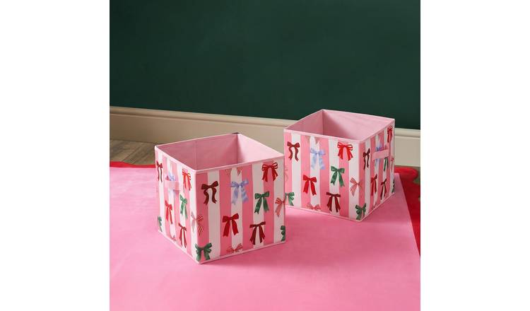 OHS Multi Bow Stripe Cube Storage Boxes - Pink/White - 2 Pack