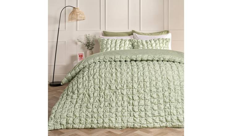 OHS Filled Seersucker Duvet Cover Set Gingham Sage - Single