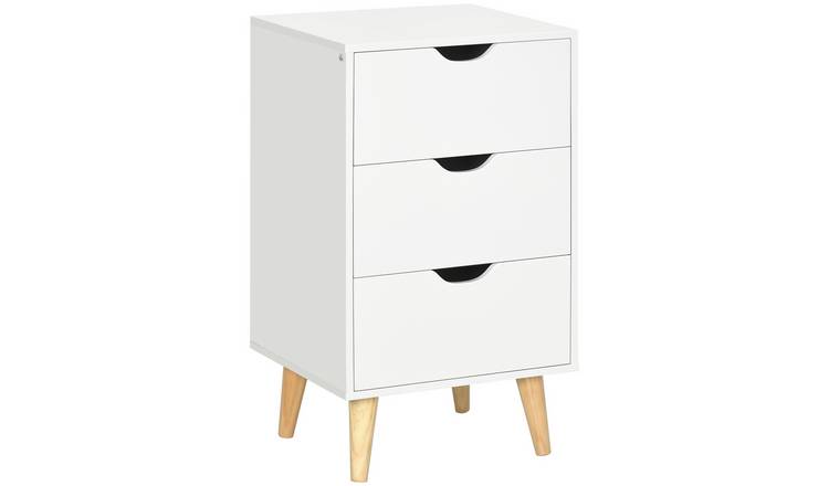 HOMCOM 3 Drawers Bedside Table with Pine Wood Legs - White
