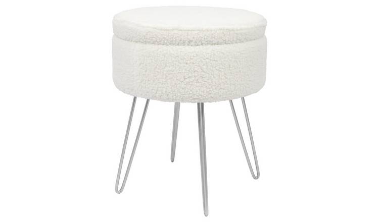 Harbour Housewares Round Boucle Storage Footstool - H46 x D37cm - Cream/Silver