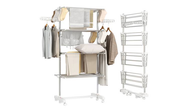 HOMCOM 4-Tier Foldable Clothes Drying Rack with Wheels and Wings - White
