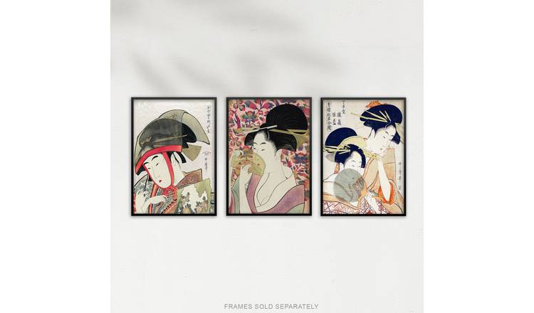 Kitagawa Women Japanese Ukiyo-E Pink Blue Set Of 3 Wall Art Poster Pack - A4